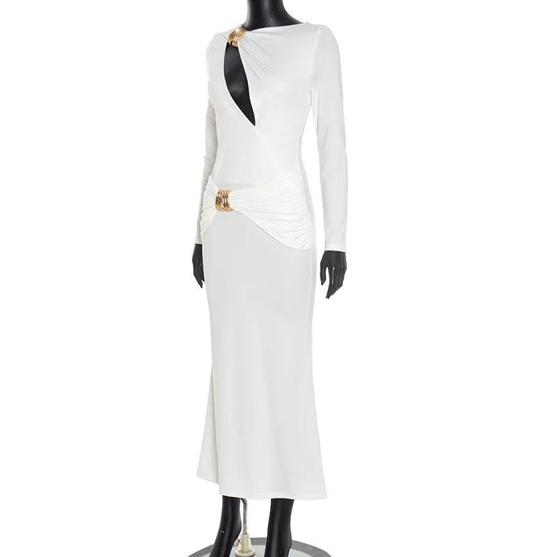 White Cutout Sheath Dress | Modern Long Sleeve Maxi