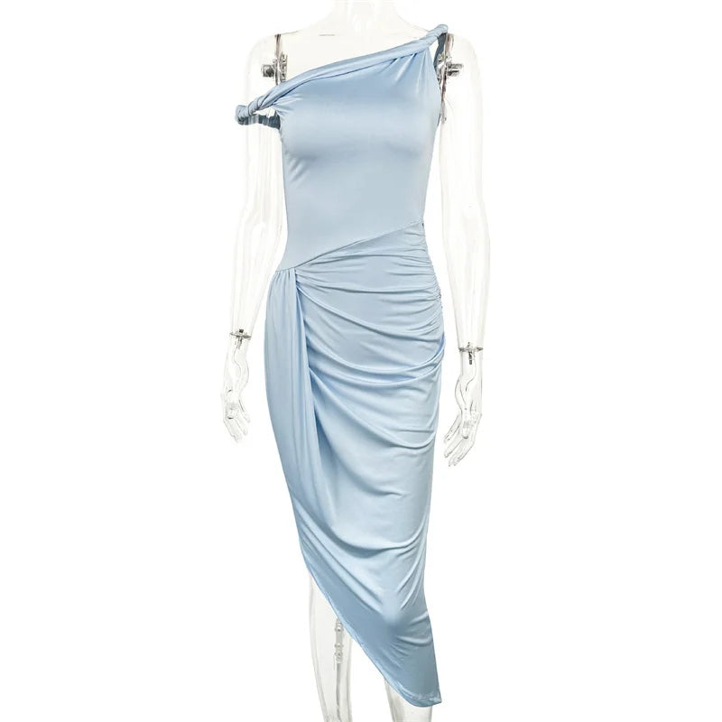 Ice Blue One-Shoulder Maxi Dress | Draped Ruched Summer Gown