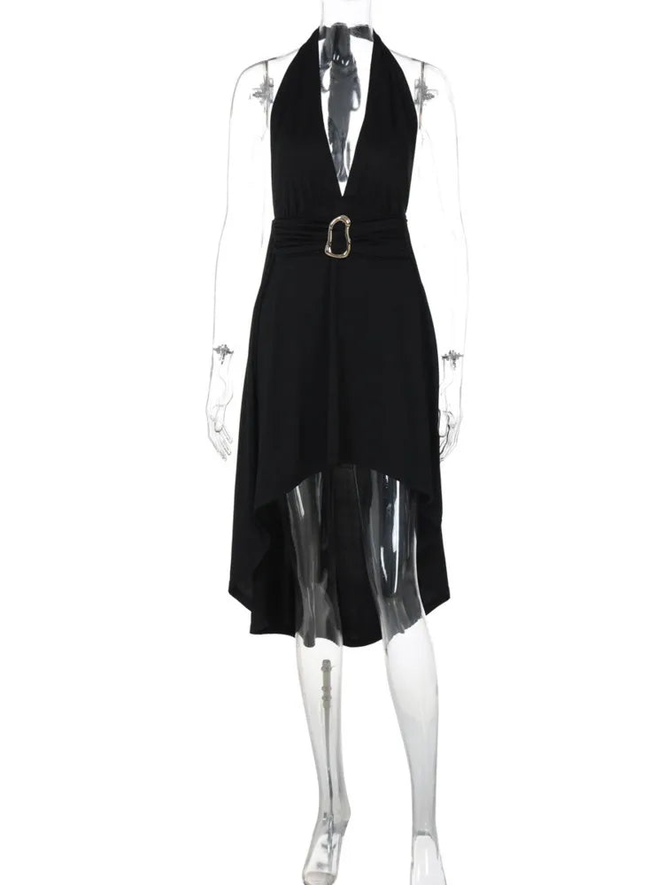 Deep V-neck Metal Buckle Open Back Midi Dress