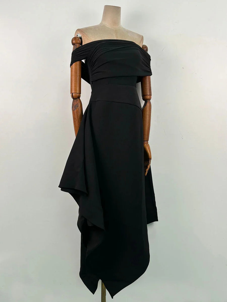 Black Slash Neck Midi Dress | Elegant Folded Off-Shoulder Style