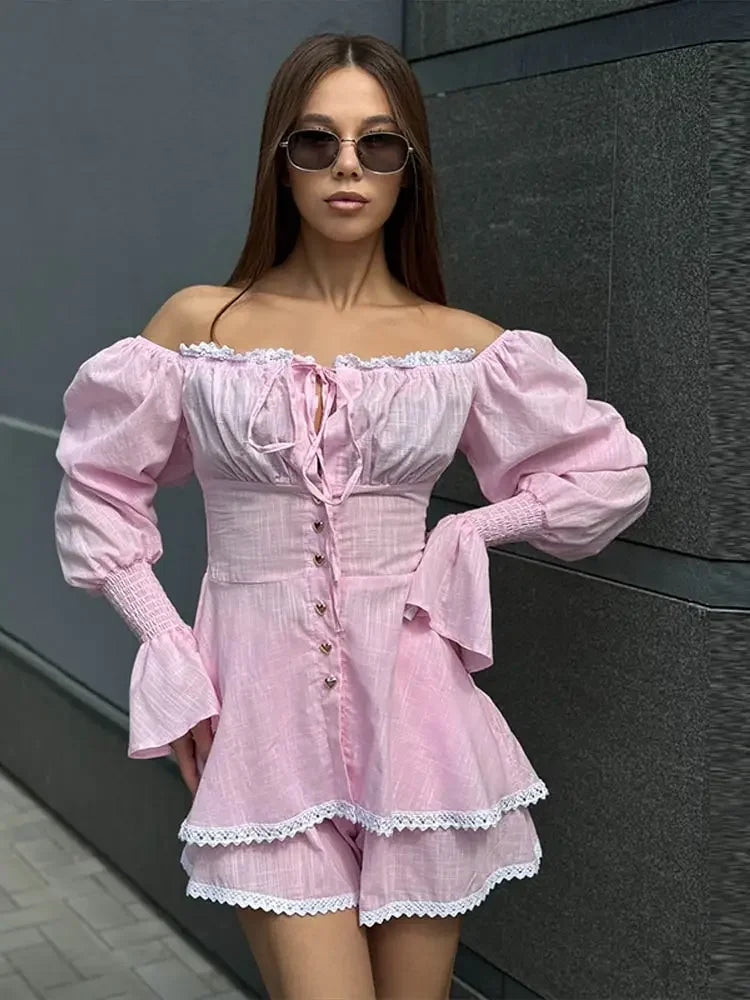 Off-Shoulder Lace Shorts Set |  Summer Co-Ord for Travel