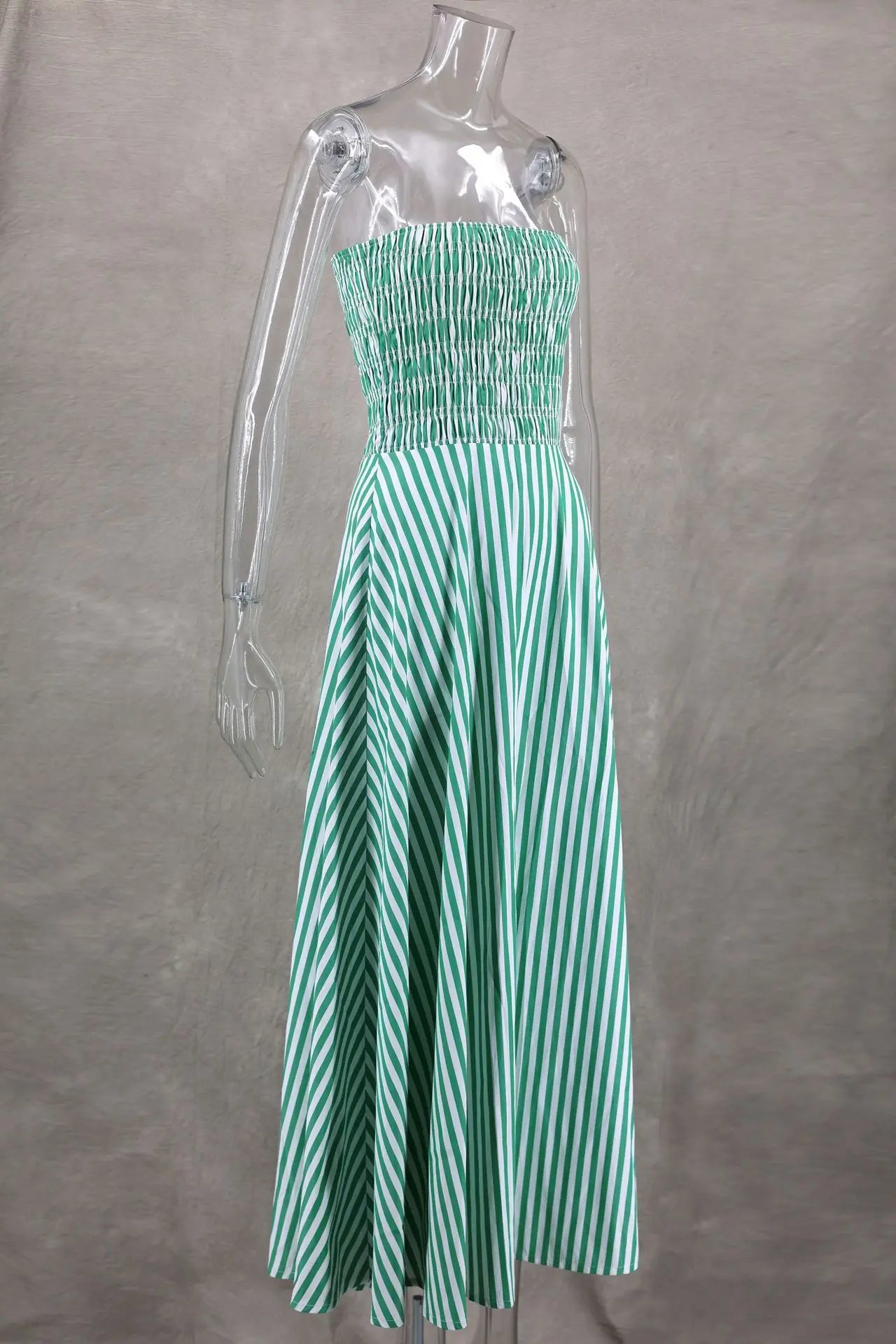 Green Striped Off-Shoulder Maxi Dress - Beach Holiday Style