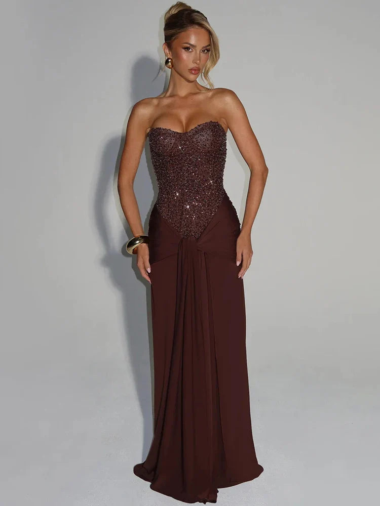 strapless brown sequin gown with draped waist 