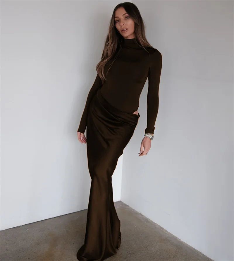 Turtleneck Ruched Maxi Dress | Sleek Fall Evening Look