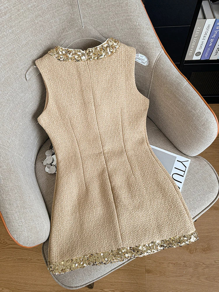 Gold Trim Tweed Sleeveless Mini Dress