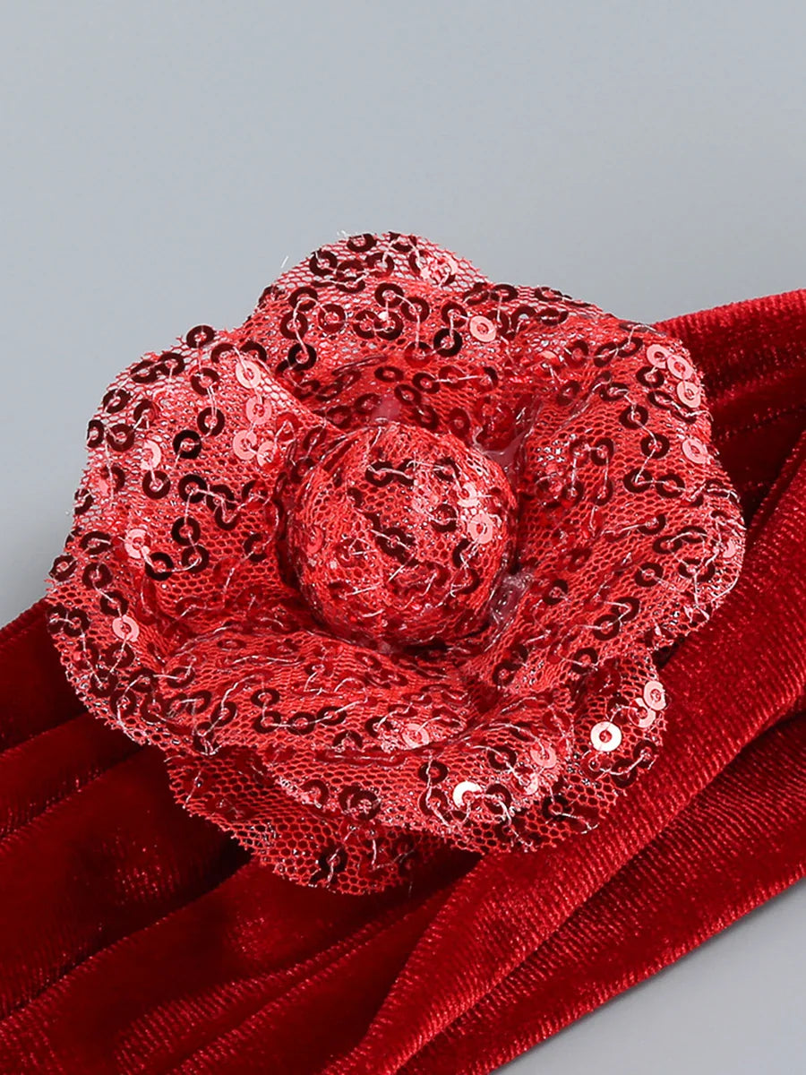 Red Strapless Velvet Slit Maxi Dress with Ribbon Scarf