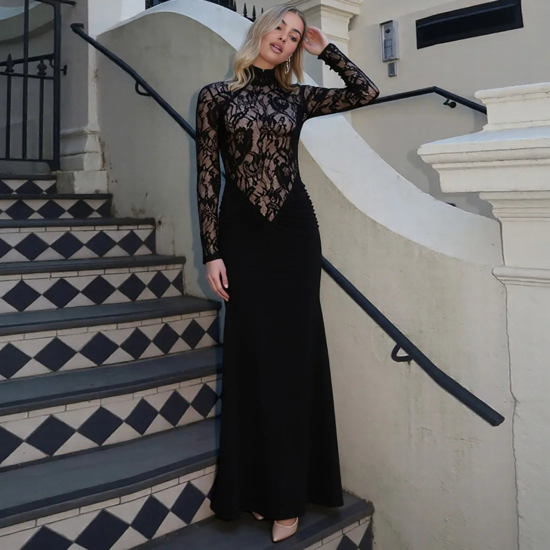 Black Lace Turtleneck Maxi Dress
