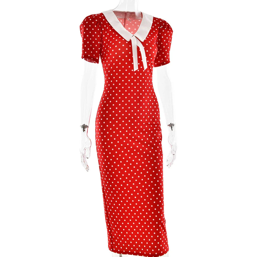 Red Polka Dot V-Neck Midi Dress | Retro Street Style
