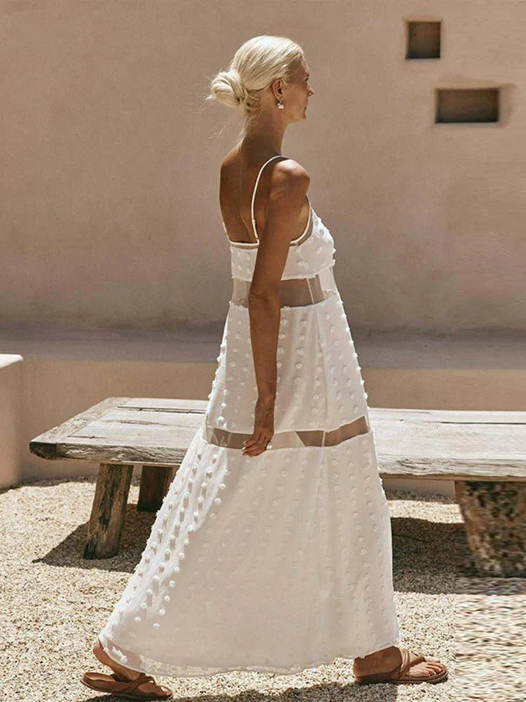 White Lace Strapless Long Dress – Patchwork Tube Dress for Summer Beach & Party