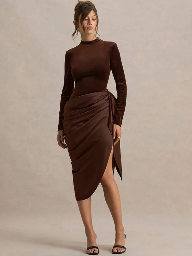 Long Sleeve Ruched Draped Midi Dress