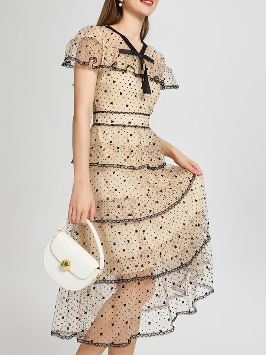 Apricot Sheer Spliced A-Line Midi Dress