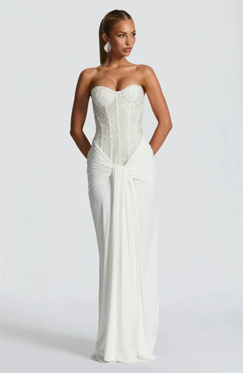 Sequin Strapless Draped Waist Evening Gown