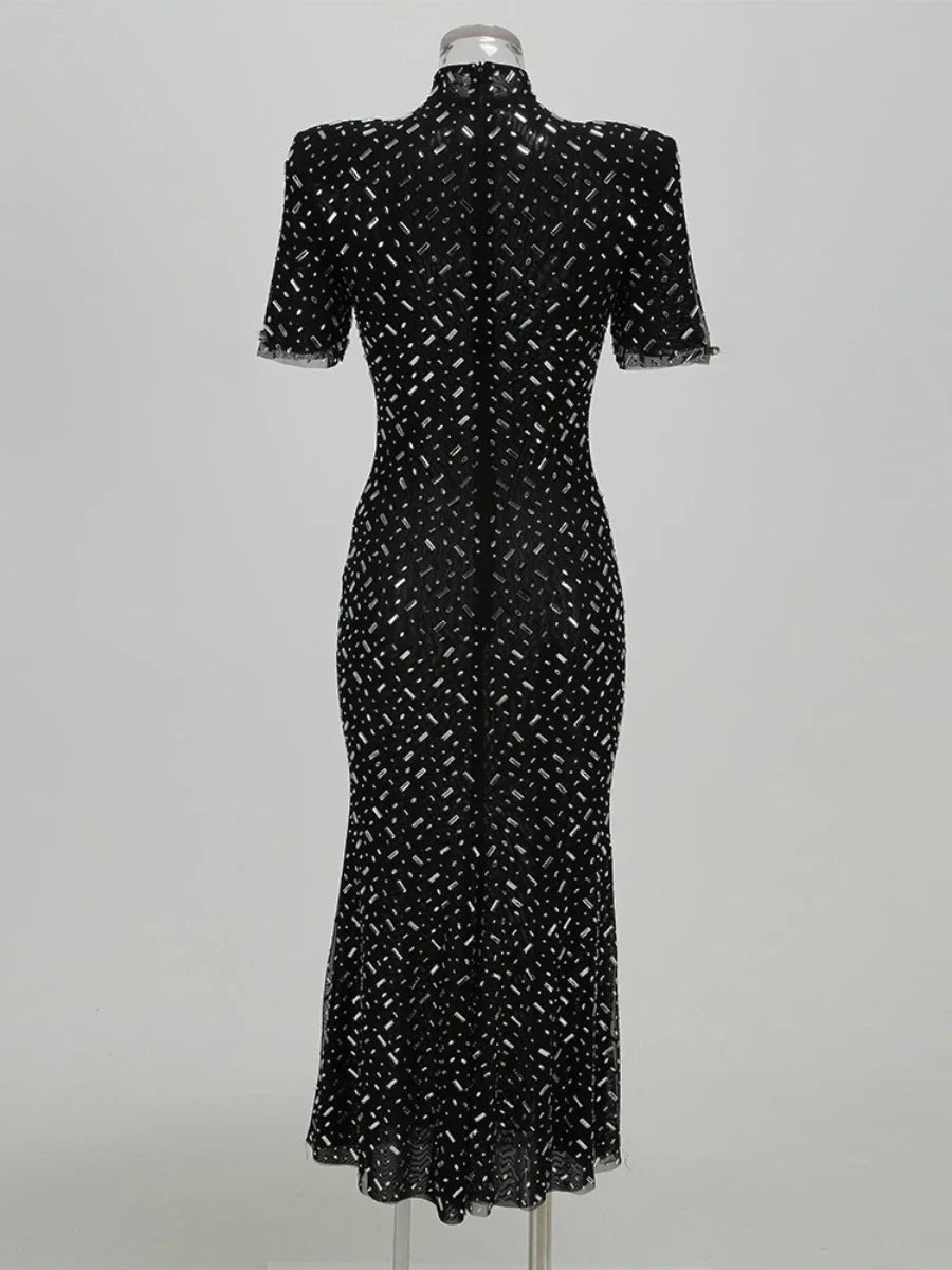 Black Beaded Sheath Dress | Elegant Short Sleeve Gown