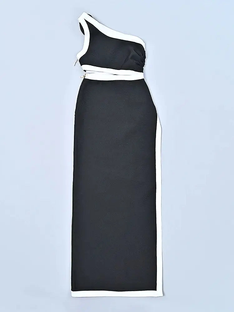 Black Contrast Asymmetrical Maxi Dress | High Split Column Gown