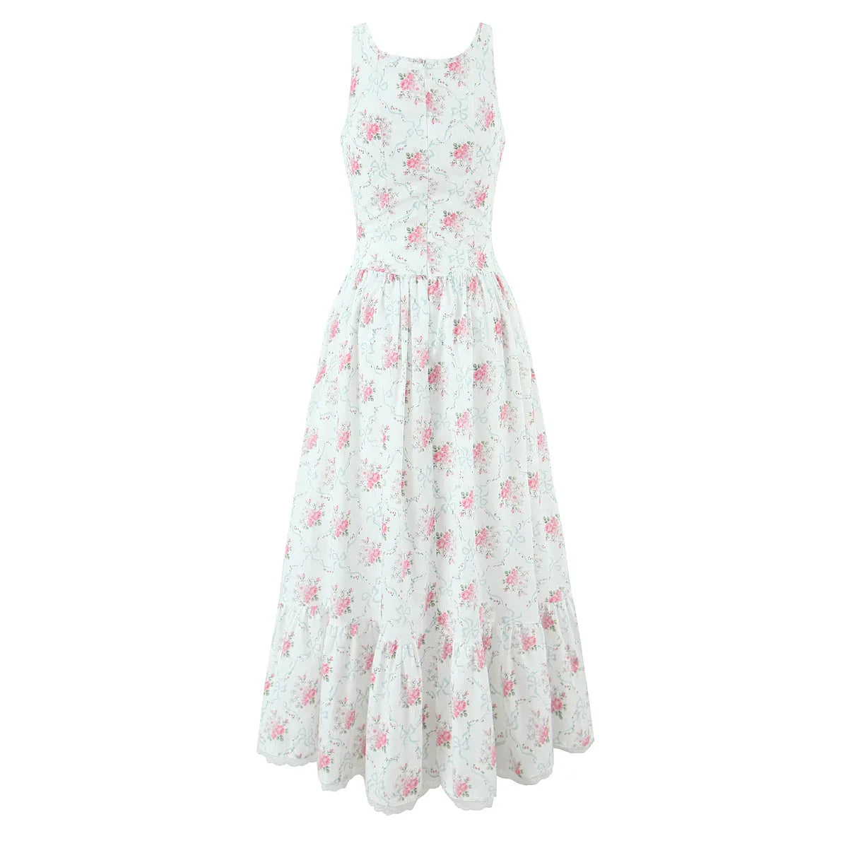 Floral Print Sleeveless Summer Dress – O-Neck Buttoned Swing Dress with Bow & Lace-Up Detail