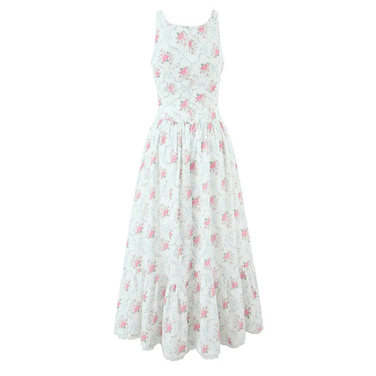 Floral Print Sleeveless Summer Dress – O-Neck Buttoned Swing Dress with Bow & Lace-Up Detail