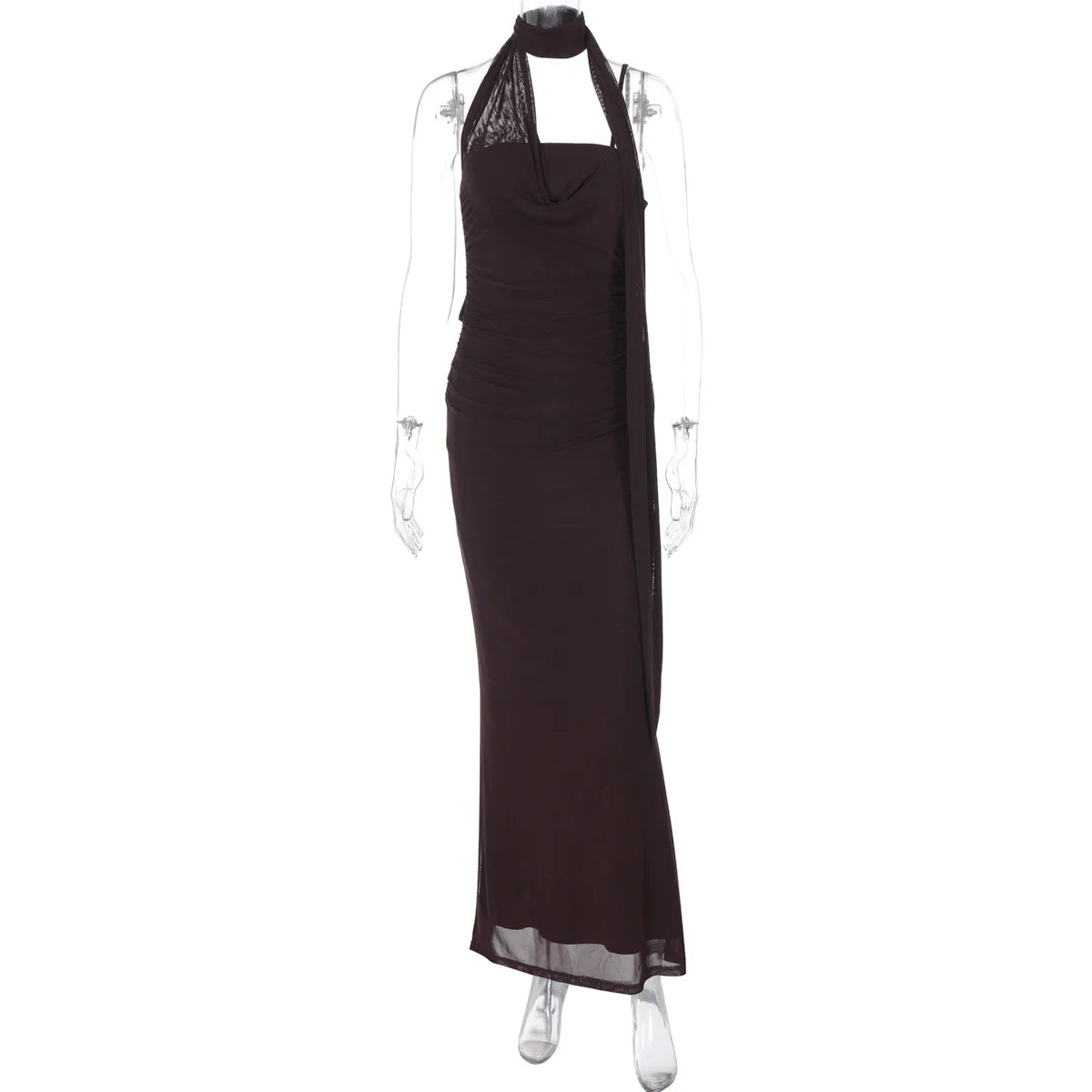 Brown Halter Maxi Dress | Ruched Sheath Summer Chic