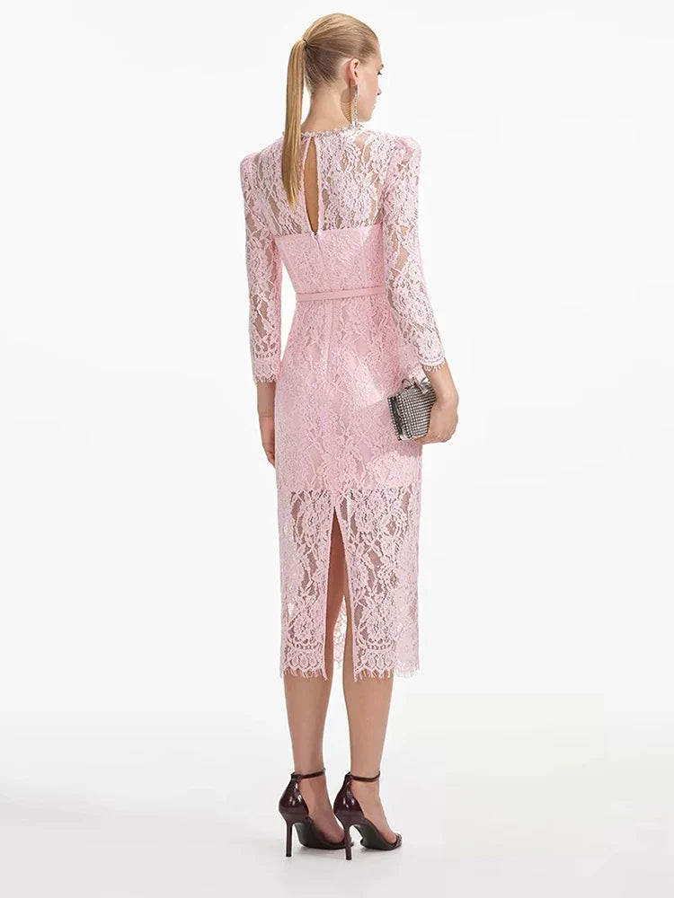 Pink Lace Long Sleeve Rhinestone Neck Bustier Midi Dress