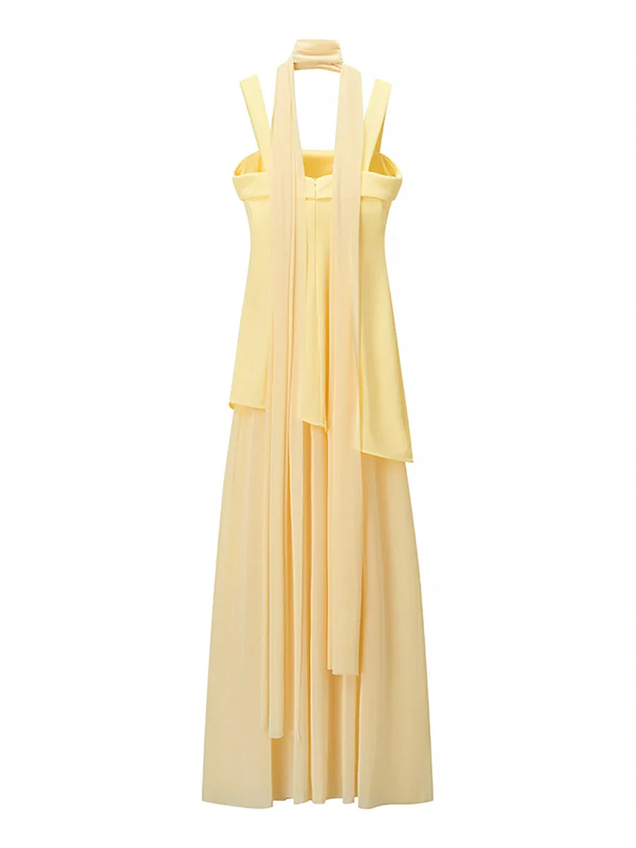 Ribbon Square Collar Sleeveless Mesh Split Long Dress