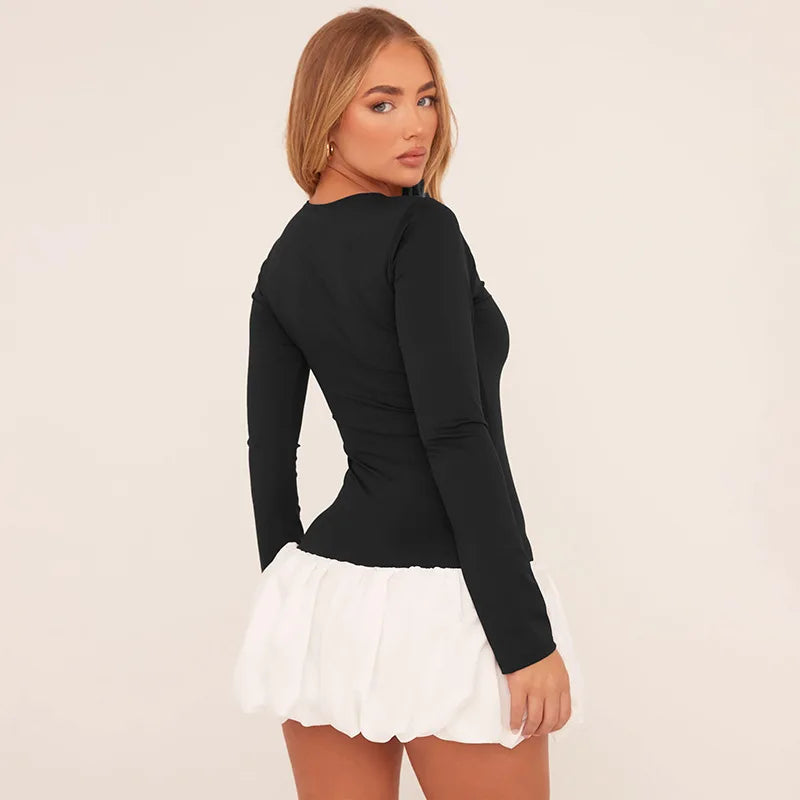 Black and White Contrasting Puff Hem Mini Dress