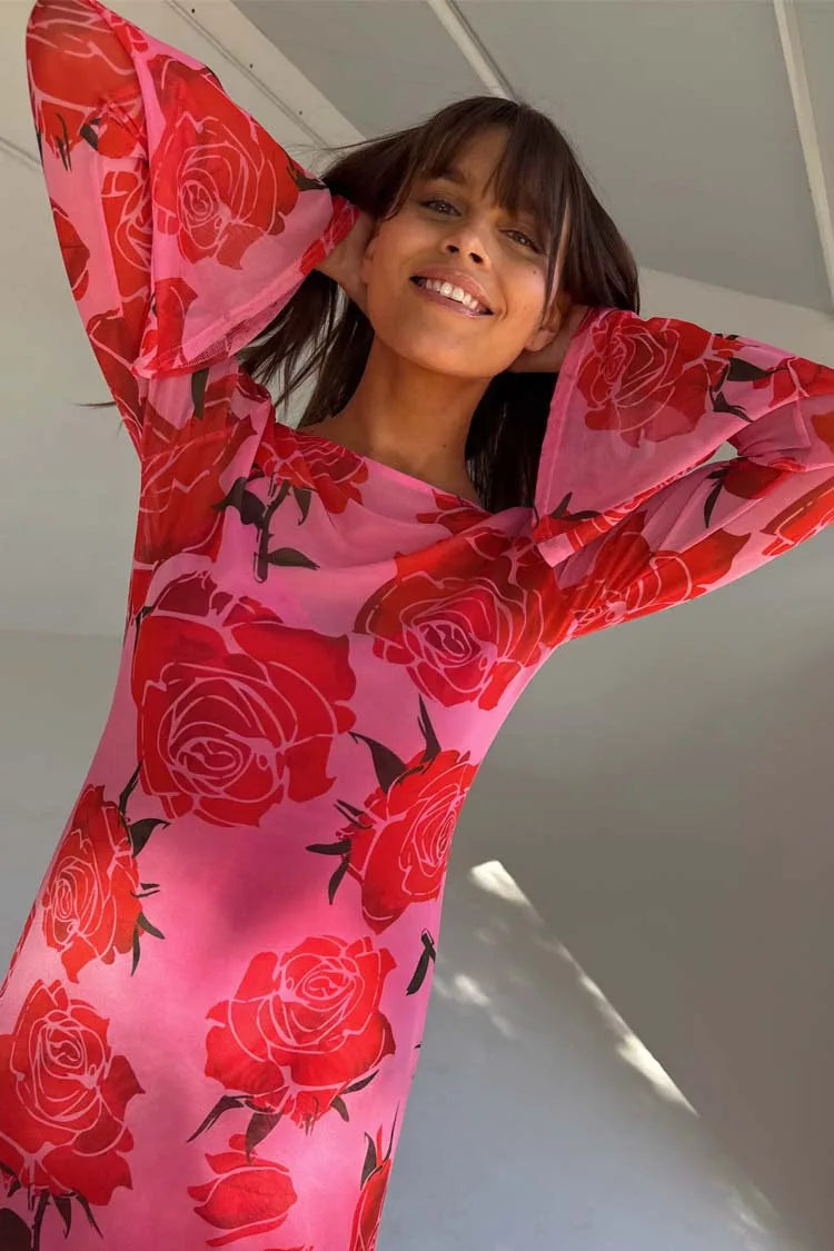 Poppy Floral Long-Sleeve Maxi Dress, Blue, Red