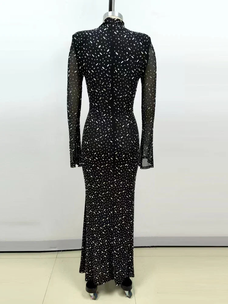 Black Turtleneck Mesh Diamond Long Sleeve Gown