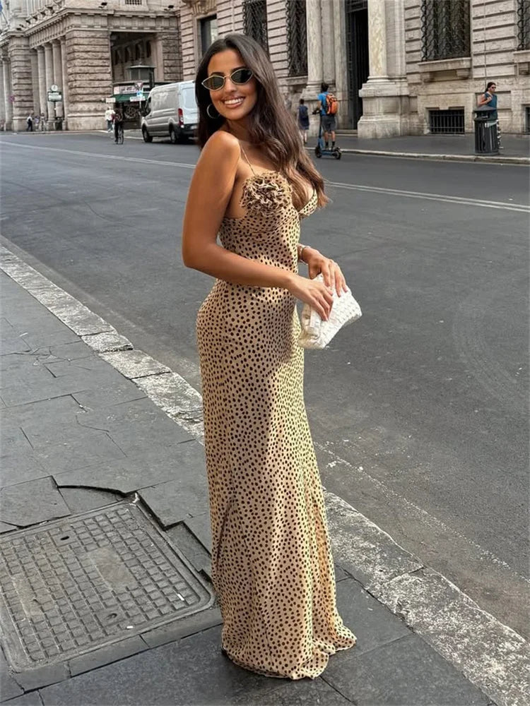 Dotted V-Neck Spaghetti Strap Stretch Maxi Dress