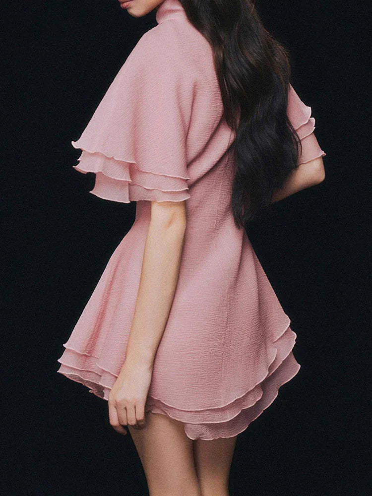 Lapel Bow Ruffle Mini Dress | Flutter Sleeve A-Line