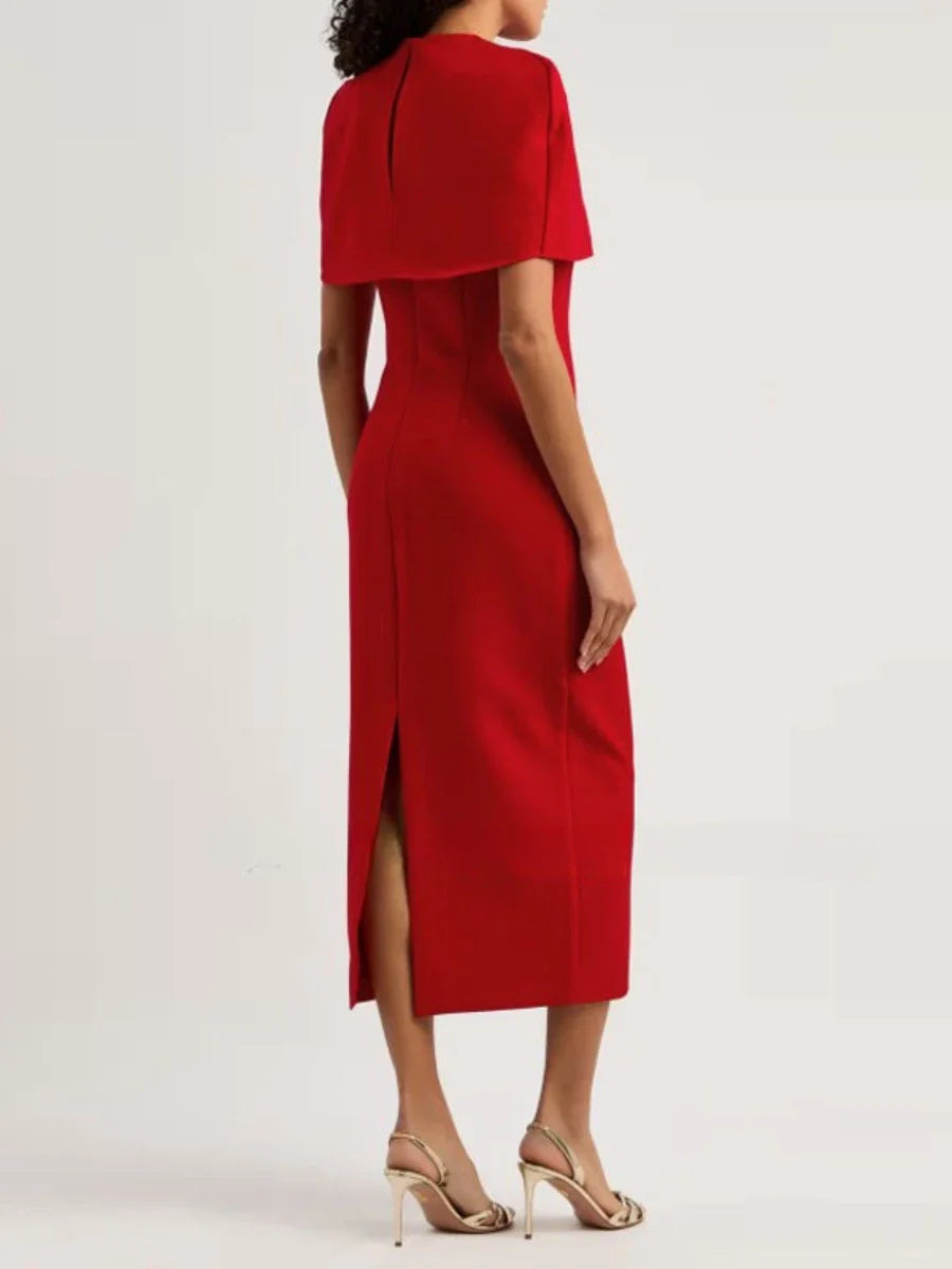 Red Round Neck Shawl Midi Dress
