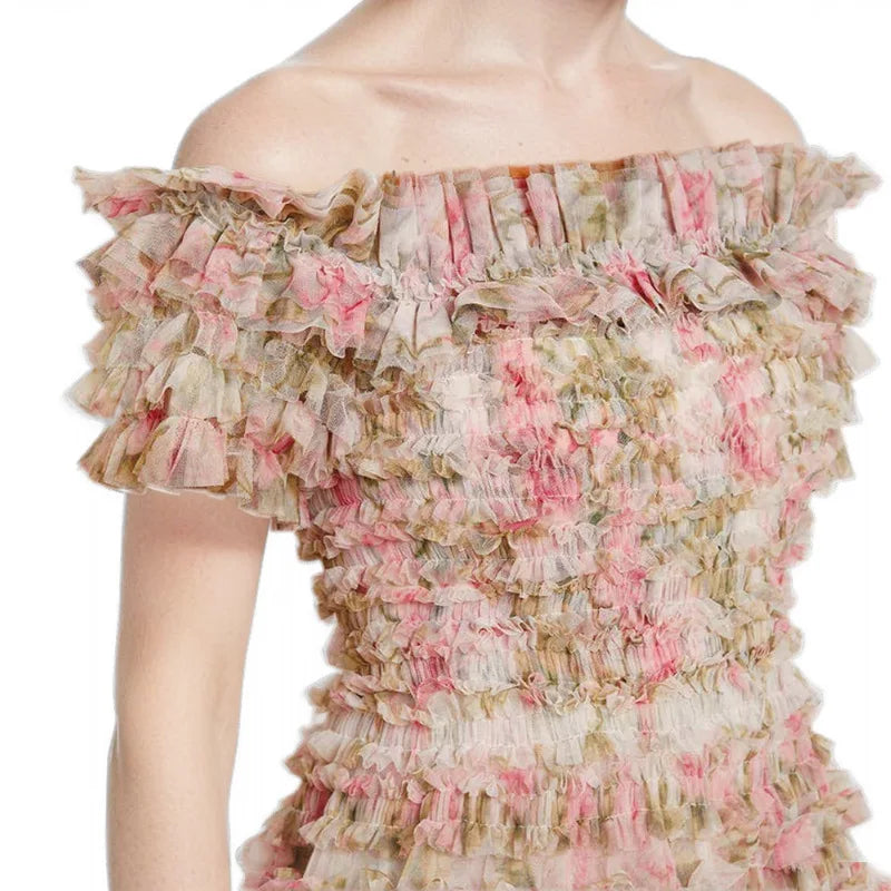 Print Ruffle Mesh Off-shoulder Maxi Dress