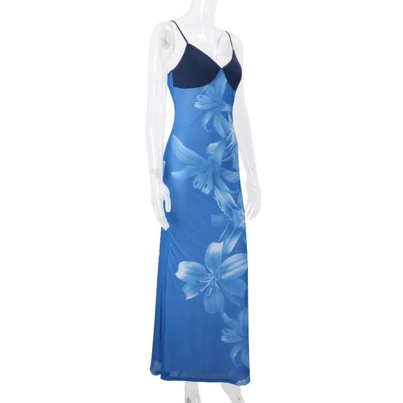 Blue Floral Backless Maxi Dress | Summer Spaghetti Strap