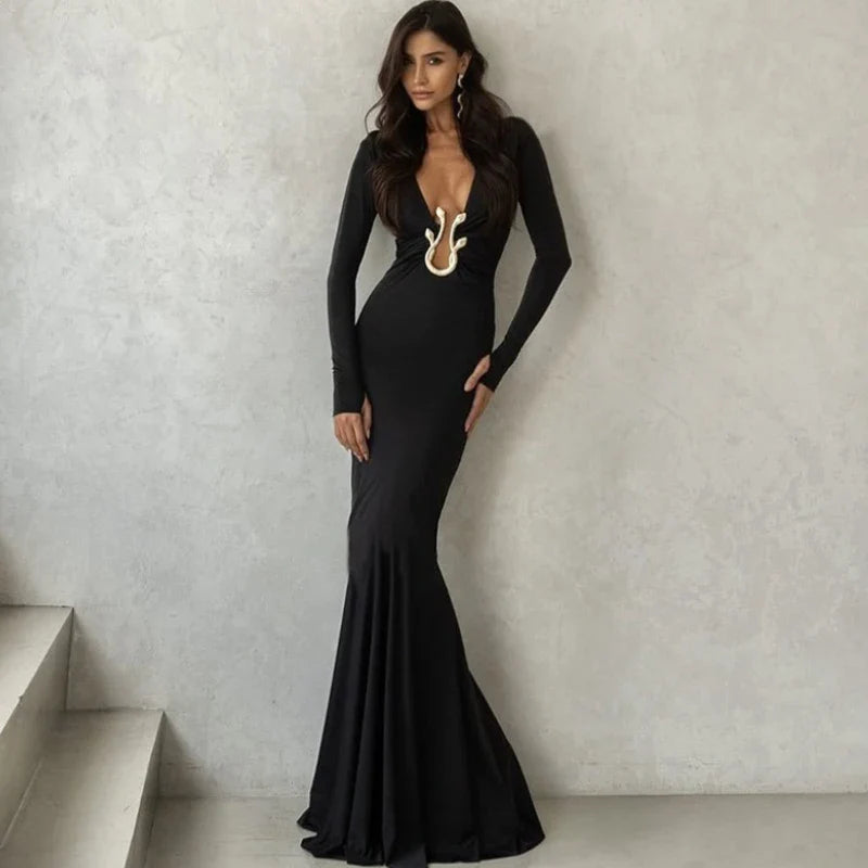 Black Deep V-Neck Metal Snake Long Dress