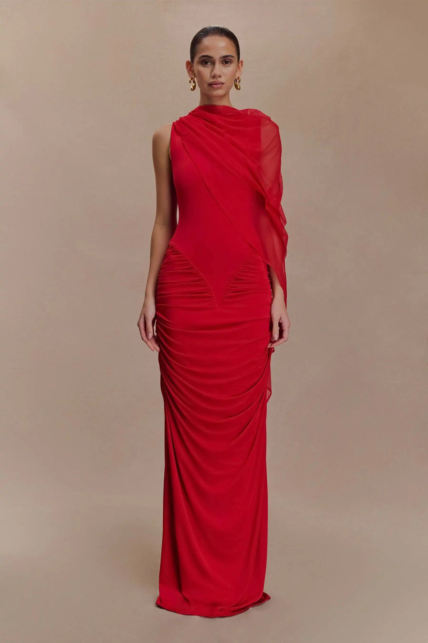 One Shoulder Shawl Drape Pleated Bodycon Long Dress
