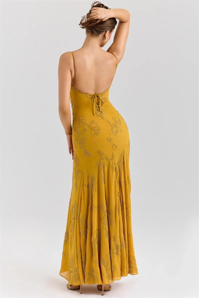 Mustard Beaded Spaghetti Strap Backless Maxi Dress – Elegant