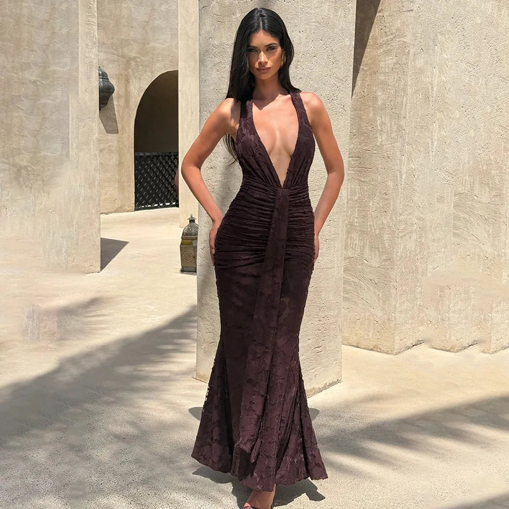 Red Halter Backless Maxi Dress | Elegant Empire Waist Gown