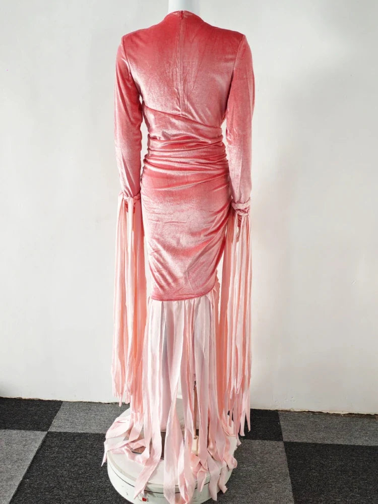 Pink Velvet Deep V Neck Folds Tassel Long Dress