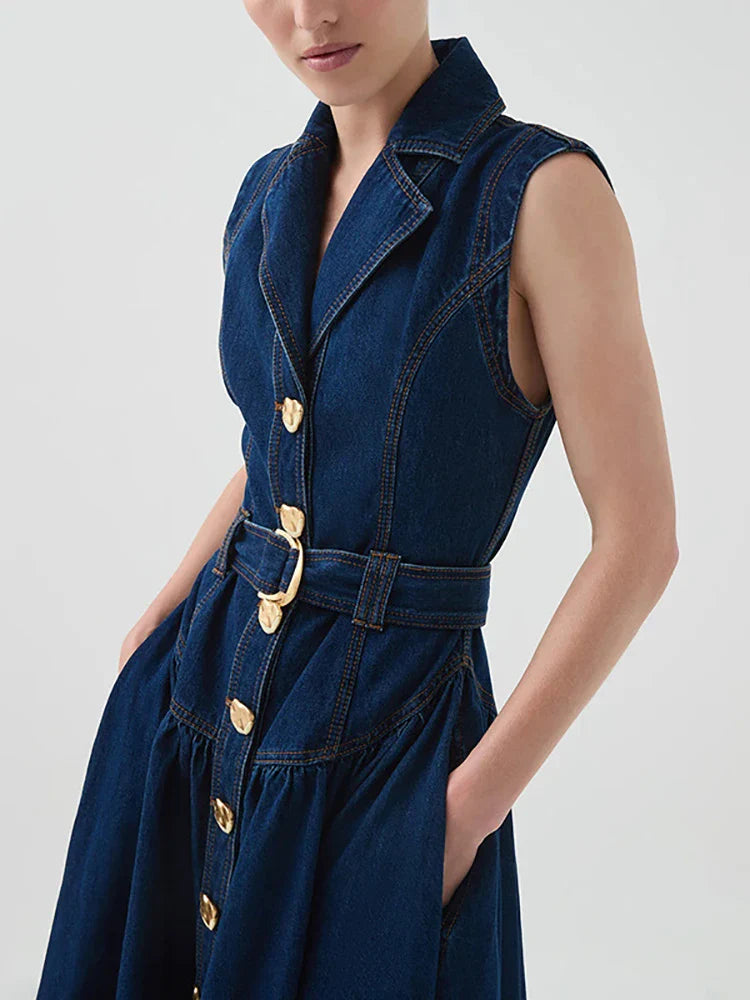 Sleeveless Navy Belted Midi Dress | Chic Gold Button Detail