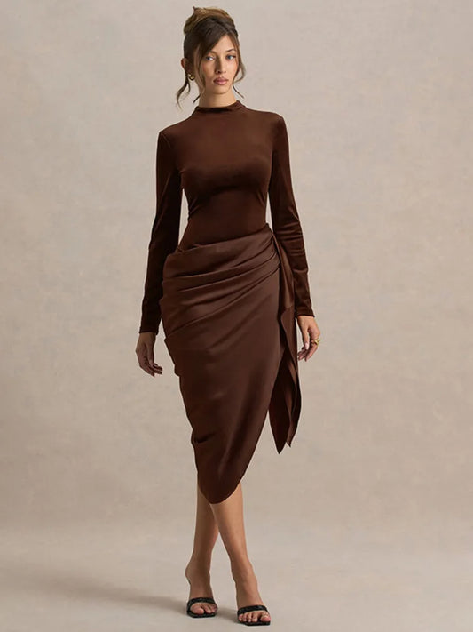 brown long sleeve midi dress with ruched waist 