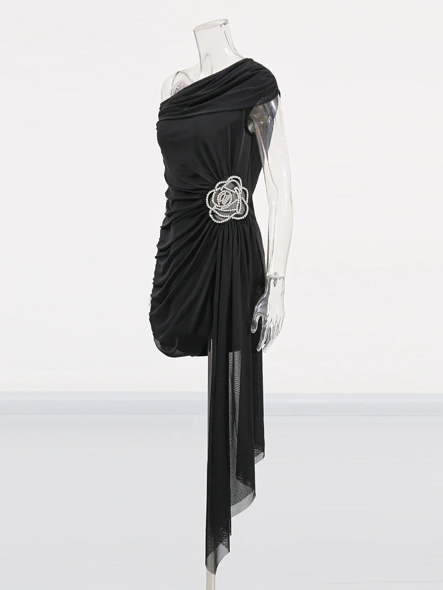 Diagonal Collar Vintage Patchwork Mini Dress with Sculpted Detail