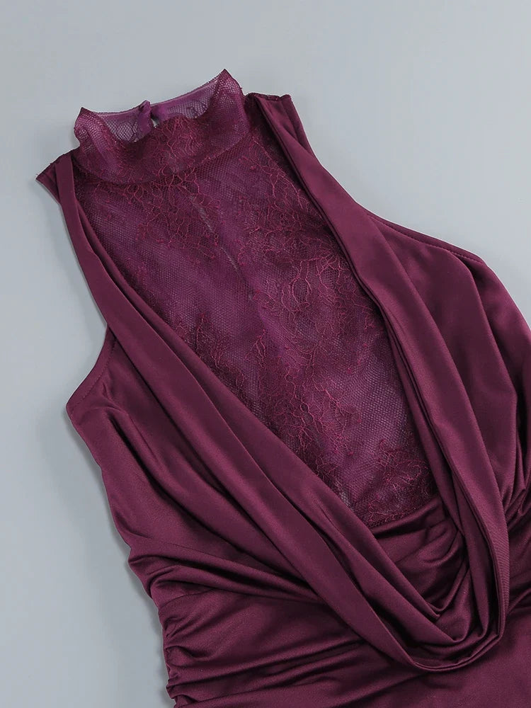 Black Lace Patchwork Turtleneck Long Dress with Gloves | Sheer Backless Evening Gown