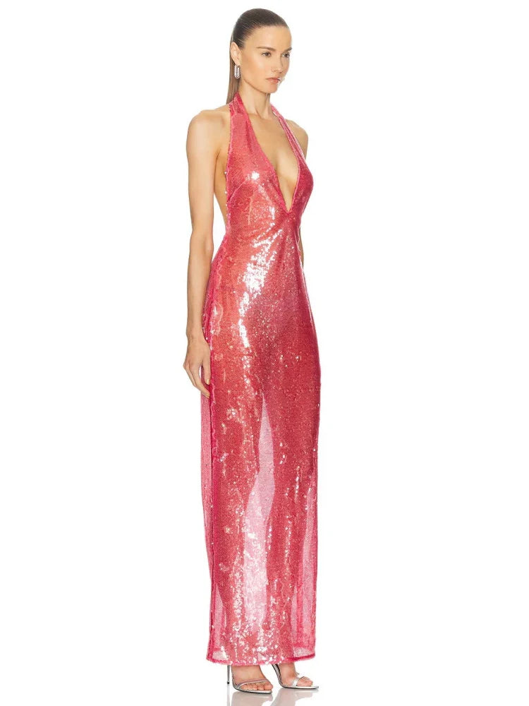 Pink Halter Deep V-Neck Sequin Gown with Fluid Drape