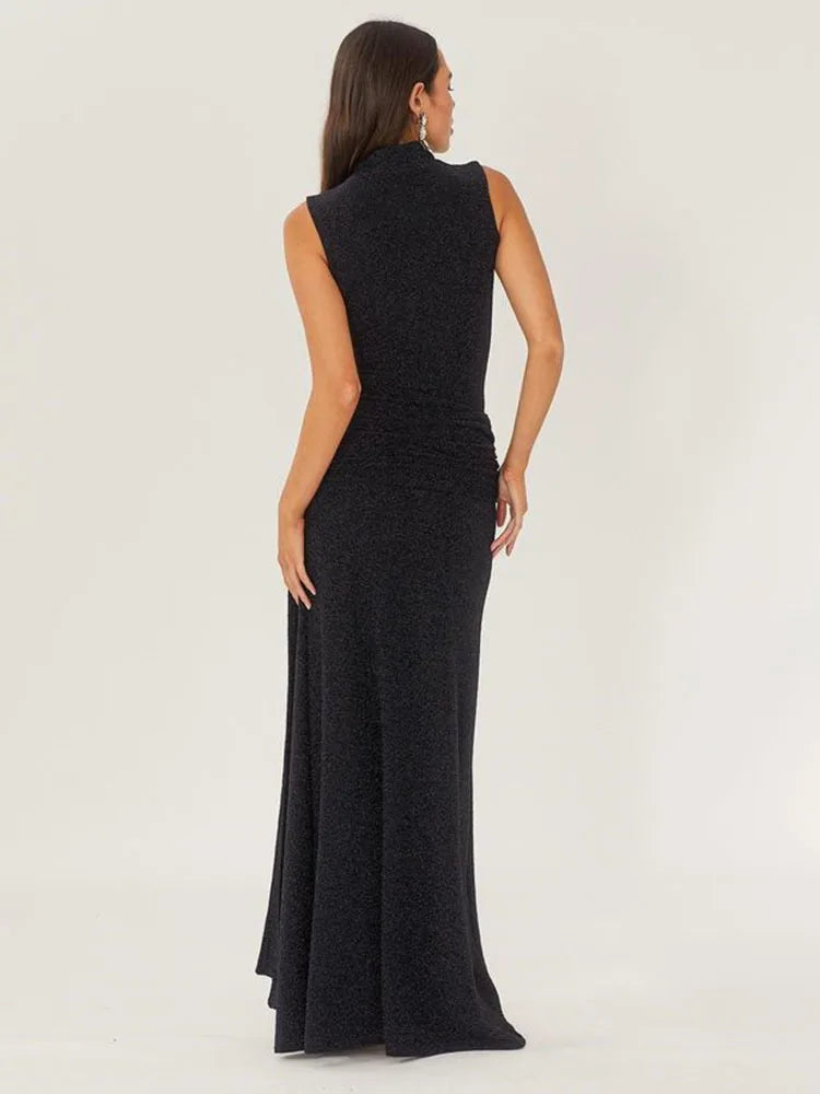 Shiny High-Neck Sleeveless Wrap Maxi Dress