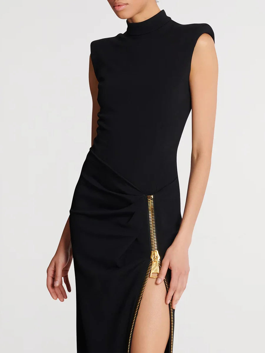 Black Stand Neck Gold Zipper Details High Slit Maxi Dress