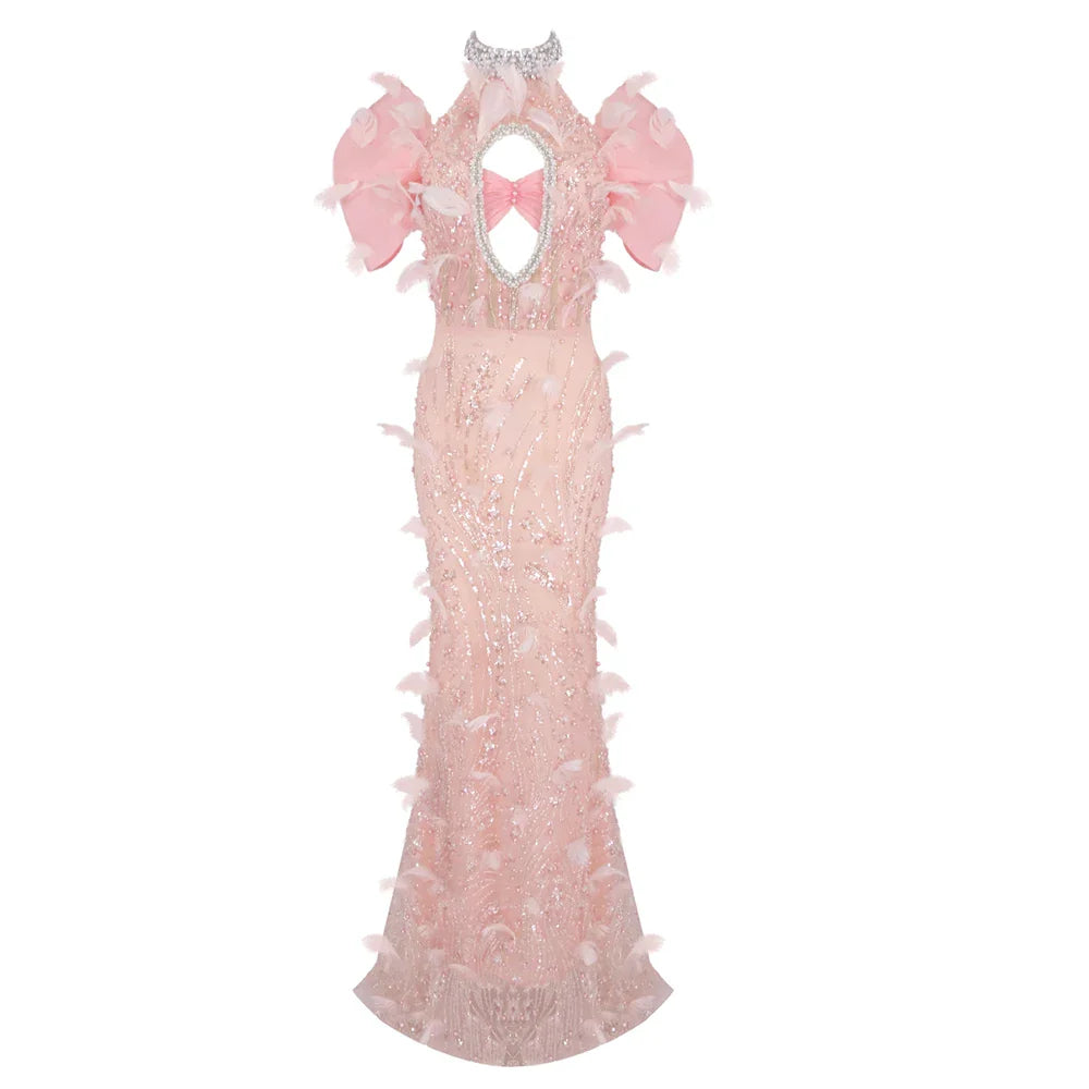 Pink evening gown with decorative elements