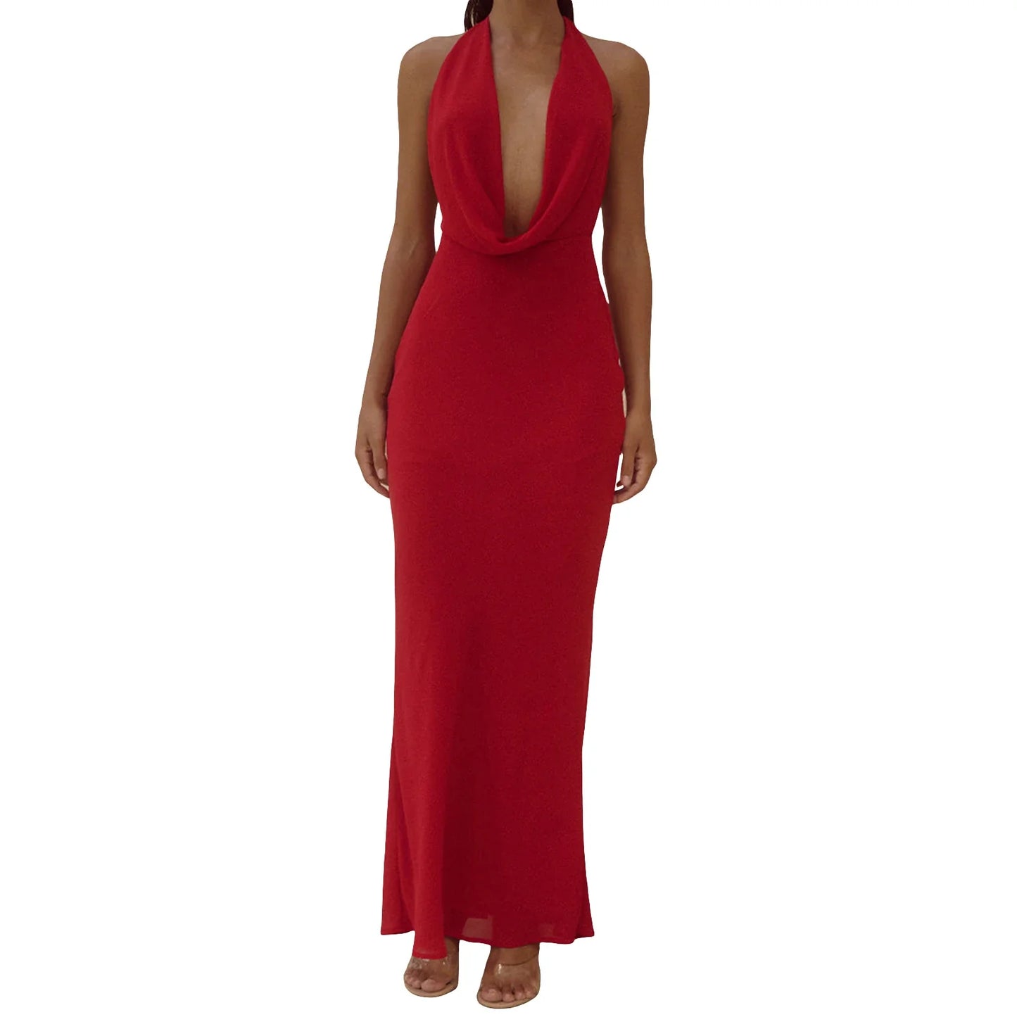Red halter neck gown on a white background