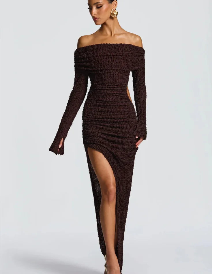 Off Shoulder Long Sleeve Textured Slit Maxi Dress