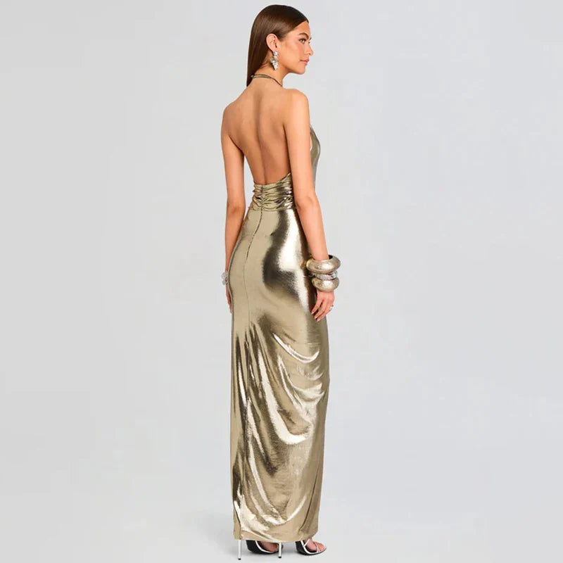 Champagne Gold Hanging Neck Backless Slit Dress