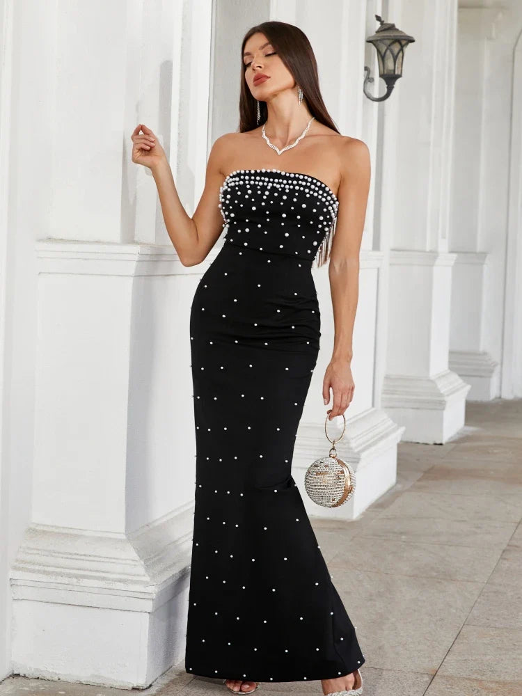 Strapless Pearl Beaded Gown – Elegant Slim-Fit Ankle-Length Dress