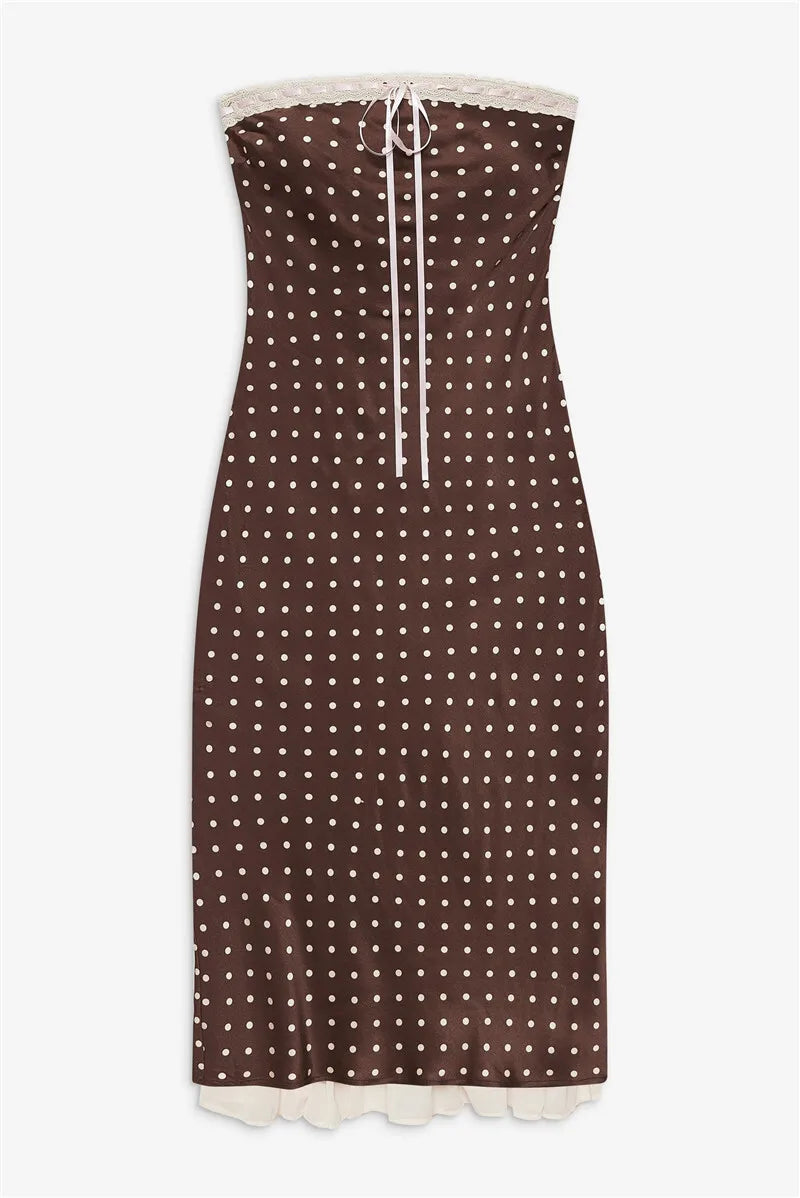 Strapless Polka Dot Lace Trim Midi Dress – Backless Bodycon Elegance