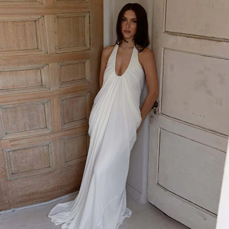 White Halter Drape Maxi Dress